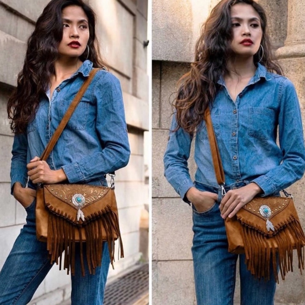 NEW Western Fringed Brown with Turquoise Crossbody Bag - Picture 2 of 8